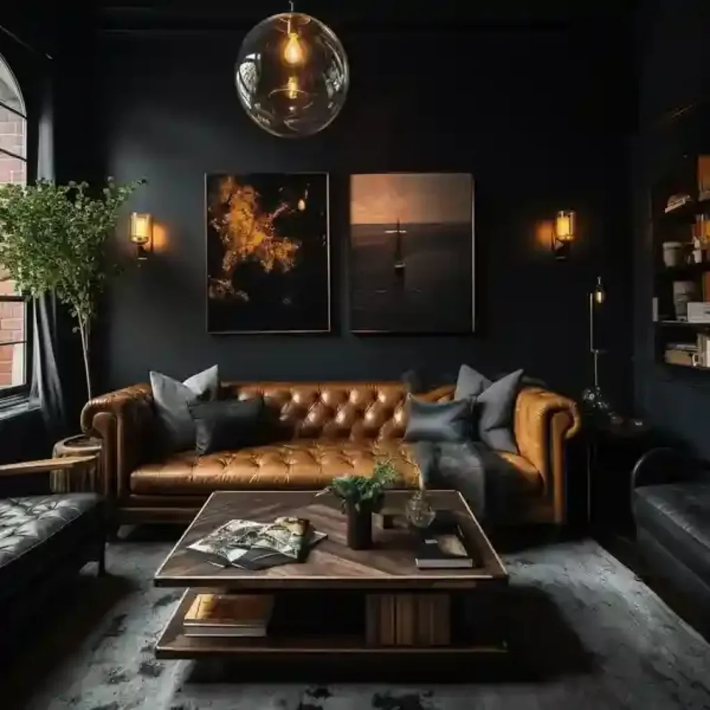 dark and moody academia living room with chesterfield sofa