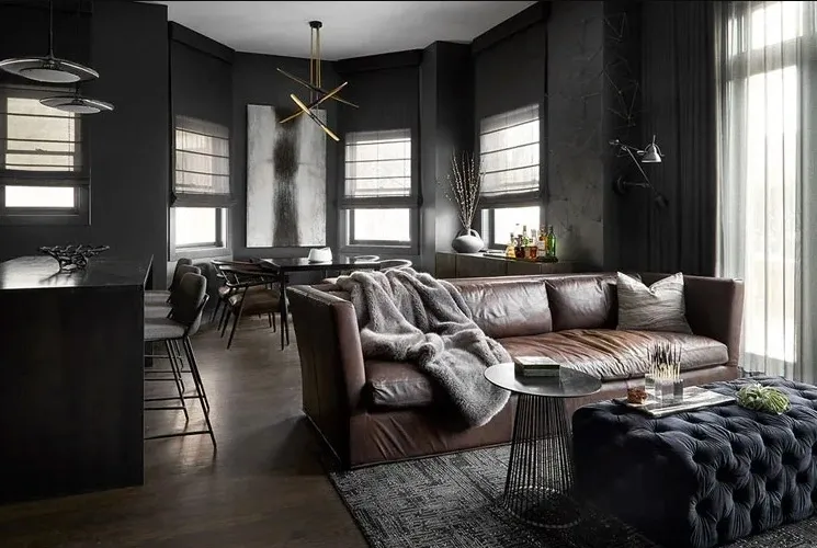 Masculine bedroom with a statement headboard and modern artwork