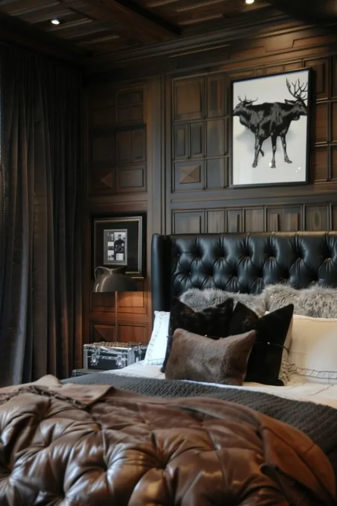 Masculine bedroom with a statement headboard and modern artwork